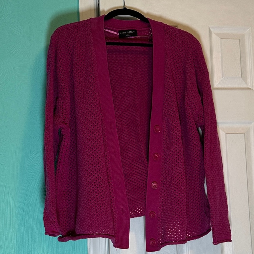 Lane Bryant Magenta Open-Weave Button Front Cardigan